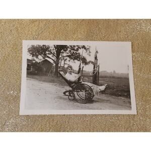 Vintage Real Photograph Polio Boy Wheelchair Shotgun Farm Rural 1930s USA
